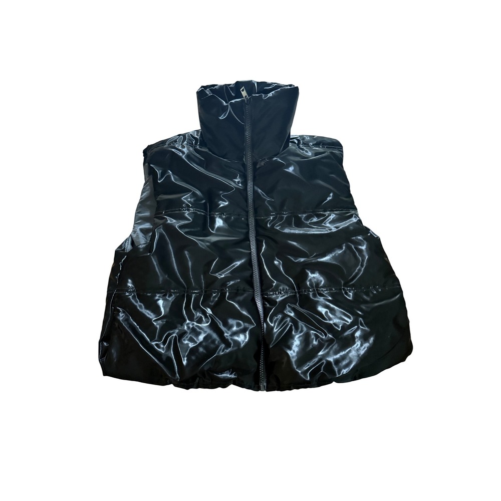 Wild Fable Shiny Black Puffer Vest High Neck Sleeveless Zip Up Jacket XS Glossy